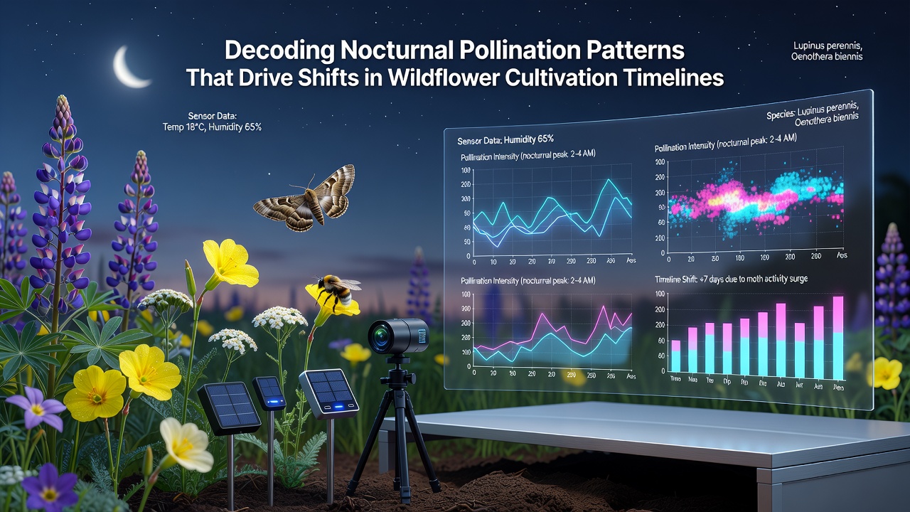 Researchers monitoring moth activity on wildflowers using specialized nighttime equipment