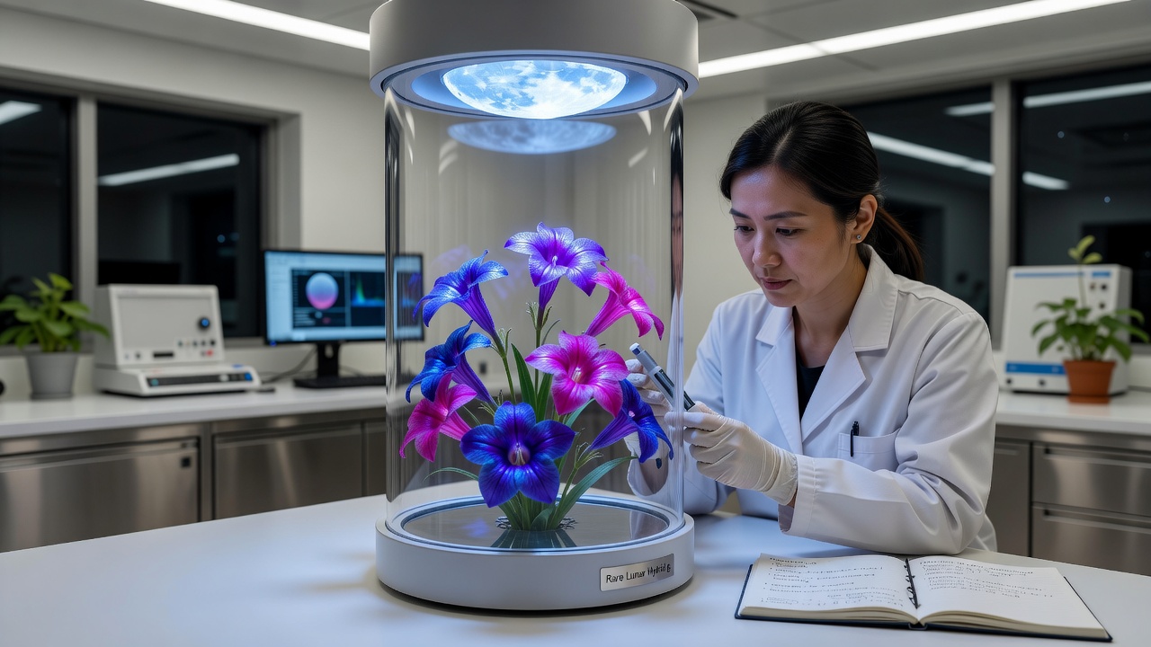 Close-up of hybrid flowers under lunar simulation lighting, highlighting color intensity differences linked to anthocyanin levels in controlled indoor trials