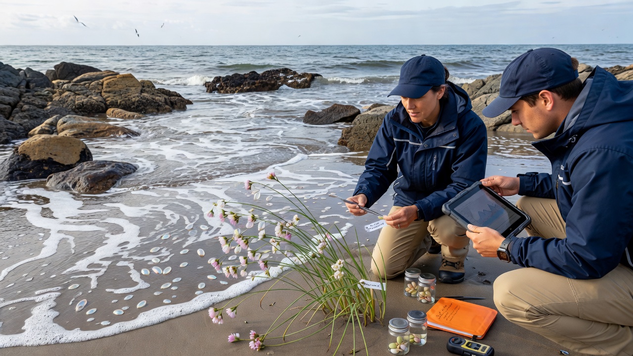 Researchers collecting seed samples from hybrid plants in an intertidal marsh during low tide